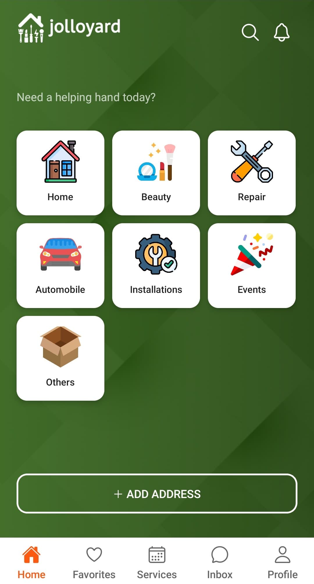 Jolloyard app home screen — browse service categories